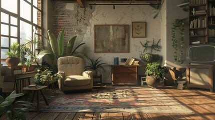 Living room loft in industrial style ,3d render