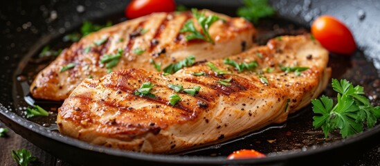 Delicious pan-seared chicken dish with ripe tomatoes and fresh sprigs of parsley on a rustic wooden table