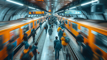 Busy subway station with blurry people around train station, urban transportation concept, Generative Ai

