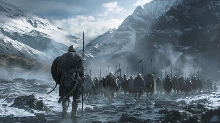The sound of thunder echoes through the mountains as a group of Viking Berserkers make their way across treacherous terrain their unwavering determination guiding their every - obrazy, fototapety, plakaty