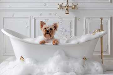 Yorkshire Terrier in white luxury bathtub