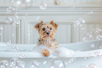 Yorkshire Terrier in white luxury bathtub