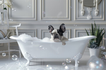 French Bulldog in white luxury bathtub