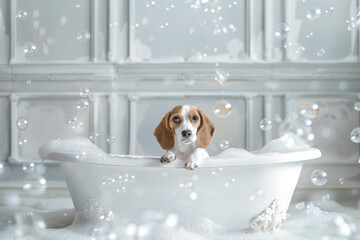 Beagle in white luxury bathtub