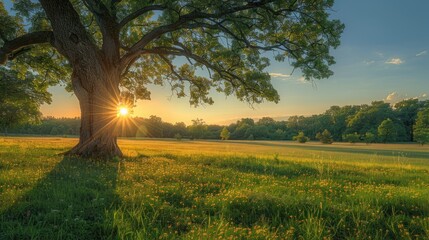 a panoramic vibrant rural landscape with clear blue sky before sunset tree on a green meadow - obrazy, fototapety, plakaty