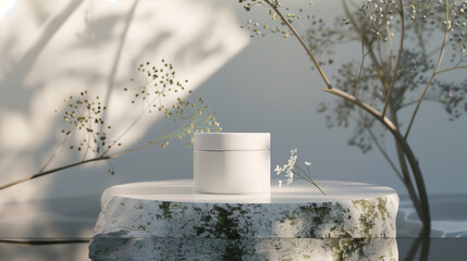 Minimal Composition on Mirror Surface. White Facial Cream Jar on Round Stone Podium. Small Round Cream, Lotion Container. Natural Cosmetic Skincare Product Mockup. Sunlight and Shadow with Trees.