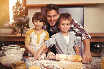 Dad, happy and portrait of kids baking at Christmas, learning or bonding together in home. Face,...