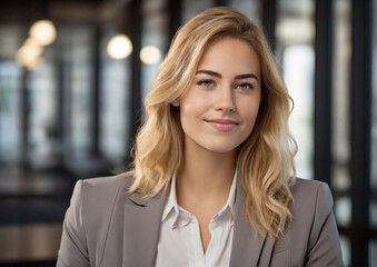 Fototapeta premium Smiling young businesswoman portrait shot, businesswoman looking away with pensive face, dreaming, thinking over project tasks, future lifestyle. Generative AI