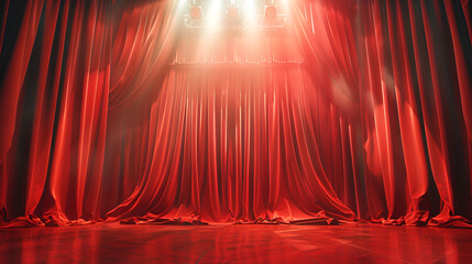 Realistic theater red dramatic curtains with spotlight on stage, perfect for theatrical or entertainment concepts, Generative Ai

 - obrazy, fototapety, plakaty
