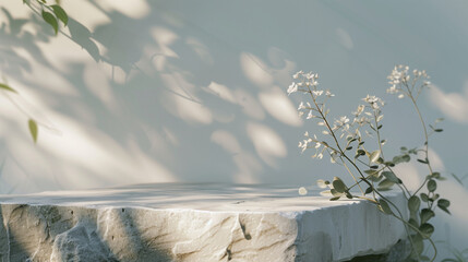 3D rendering, Natural Stone Podium and Platform. Blank Empty Luxury Cosmetic, Skincare, Beauty Product Mockup. Soft Sunlight and Shadow on White Wall with Mini White Flowers. 