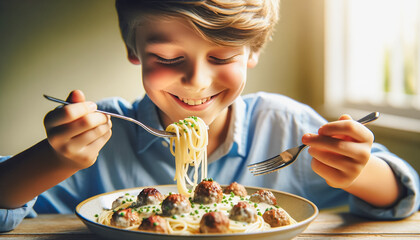 Joyful young boy enjoys a plate of spaghetti and meatballs, twirling the pasta with delight