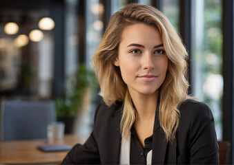 Fototapeta premium Smiling young businesswoman portrait shot, businesswoman looking away with pensive face, dreaming, thinking over project tasks, future lifestyle. Generative AI