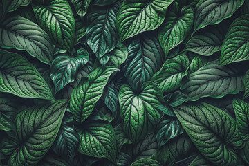 Fototapeta na wymiar Dense foliage of green leaves presents a textured backdrop with a dynamic play of light and shadow