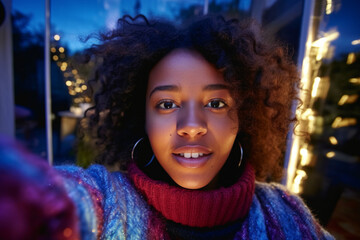 african american woman taking selfie at home at night, looking at camera cheerfully - obrazy, fototapety, plakaty