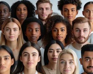 Obraz premium Intensely focused group portrait of diverse young men and women looking at the camera