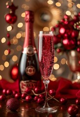 An elegant champagne glass filled with bubbly drink, accented by a festive background of warm lights and christmas decor