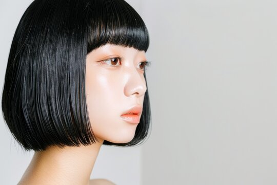 黒髪ボブの髪の綺麗な日本人女性（縮毛矯正・ストレート・ボブヘア）	