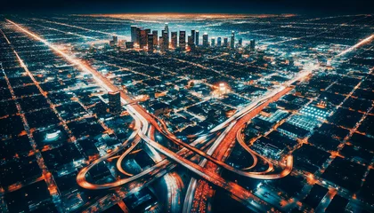 Tuinposter Nighttime aerial view of a city's illuminated streets with a central flowing freeway © Hanna Tor