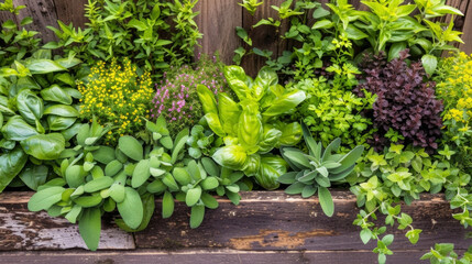 Fototapeta na wymiar A tangle of vibrant leafy herbs spills over the edge of a raised garden bed a rainbow of flavors and scents just waiting to be picked.