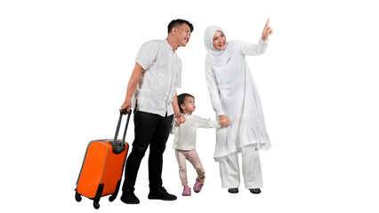 Happy muslim family of three holding passports posing with suitcase - obrazy, fototapety, plakaty