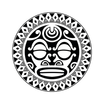 Round tattoo ornament with sun face maori style. African, aztecs or mayan ethnic mask. Black and white.