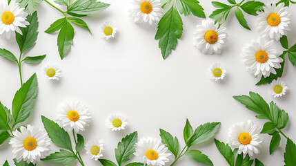 Chamomile Flowers with Green Leaves Isolated on White Background, Fresh Chamomile Blossoms - Generative AI


