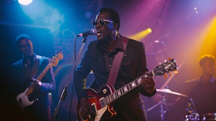 Obraz premium Musician playing guitar and singing into microphone on stage with band