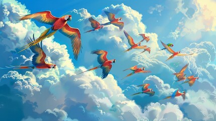 A flock of colorful parrots flying against a backdrop of fluffy white clouds, their vibrant plumage adding a splash of color to the serene blue sky.