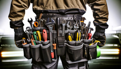 a maintenance worker, emphasizing the bag and tools kit worn on their waist