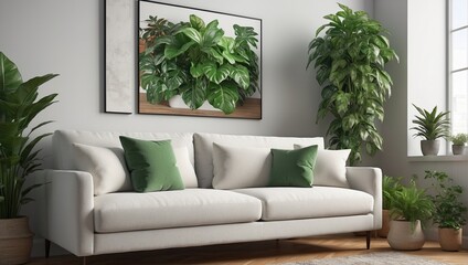 a wicker couch with pillows and a potted plant