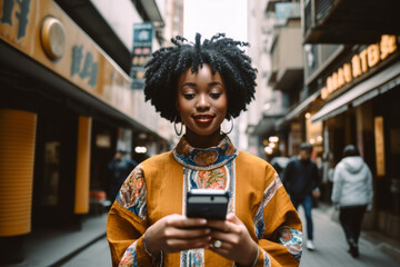 African Woman With Smartphone Vacationing in Tokyo - obrazy, fototapety, plakaty