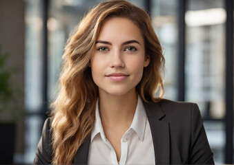 Smiling young businesswoman  portrait shot, businesswoman looking away with pensive face, dreaming, thinking over project tasks, future lifestyle. Generative AI