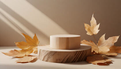 Rustic Charm: 3D Wood Podium on Autumn Leaf Shadow Backdrop