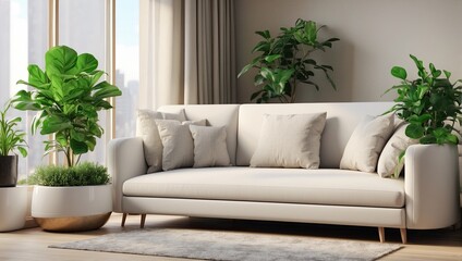 Fototapeta na wymiar a wicker couch with pillows and a potted plant