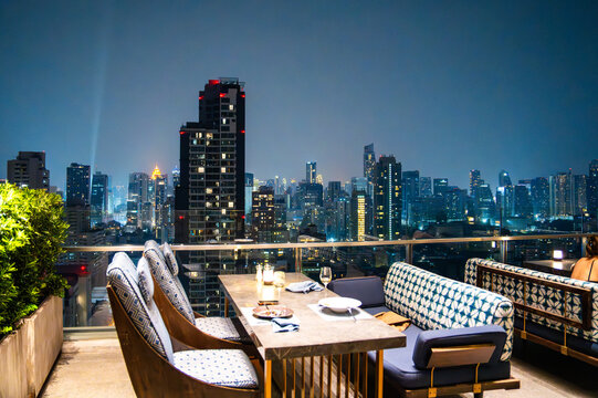 Bangkok skyline view at night from a rooftop restaurant, Bangkok Thailand