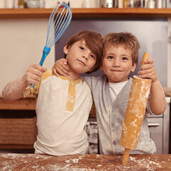 Portrait, boys and brothers baking, kitchen utensils and smile with happiness and child...