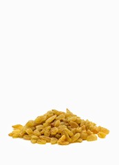 Closeup of Golden Raisin Heap Isolated on White Background with Copy Space