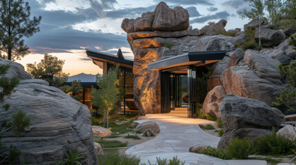 The main entrance to this home is framed by a majestic boulder giving guests a glimpse of the stunning architecture and design that awaits inside.