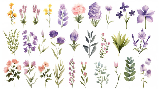 Set of Beautiful Hand Drawn Watercolor Clip Art Arrangements with Flowers, Wildflowers, Spring and Summer Floral, Leaves, Branches. Botanical Plant Illustration. Pastel Colors.