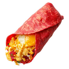 top view of a delicious looking egg and cheese breakfast burrito served in a vibrant red tortilla food photography style isolated on a white background
