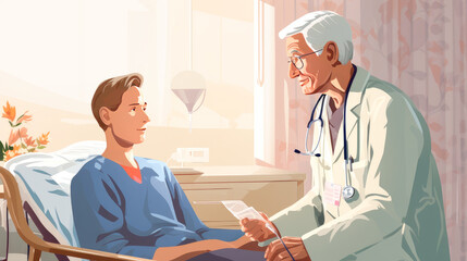 Fototapeta premium An old elderly patient in poor condition is a patient who needs help from a doctor in a medical hospital with modern equipment.