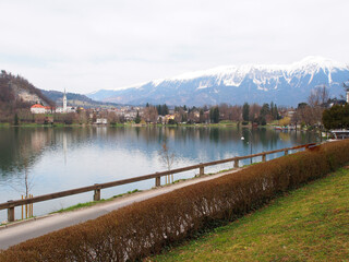 Panoramic views of Lake Bled and Bled city in Slovenia.