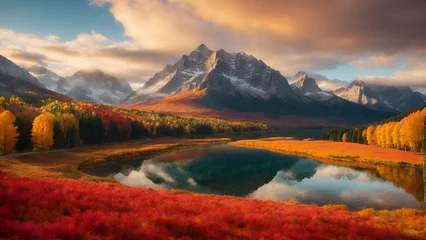 Foto op Plexiglas sunrise over the mountains and lake in autumn © farzanehappy