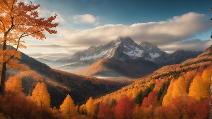 colorful mountain landscape with autumn forest