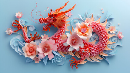 Paper Dragon with Flowers Isolated on Light Blue Background - Delicate Origami Craft with Floral Design - Generative AI

