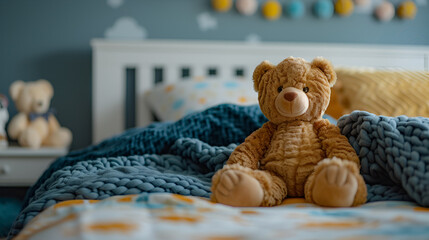 Children's Bed with Toy Bear in Cozy Bed, Cute Teddy Bear Sleeping in Comfortable Bedding - Generative AI

