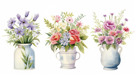 Fototapeta premium Set of 3 Cute Boho Watercolor Decorative Vase with Colorful Flowers, Spring and Summer Floral. Botanical Plant Illustration. Hand Drawn Flower Collection Clip Art.