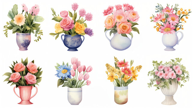 Set of Cute Boho Watercolor Decorative Vase with Colorful Flowers, Spring and Summer Floral. Botanical Plant Illustration. Hand Drawn Flower Collection Clip Art.