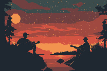 Flat Design People Playing music on Campfire