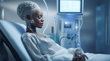 The patient is a dark-skinned African American woman in a modern light-colored medical ward of a hospital with modern equipment and new technologies. - obrazy, fototapety, plakaty